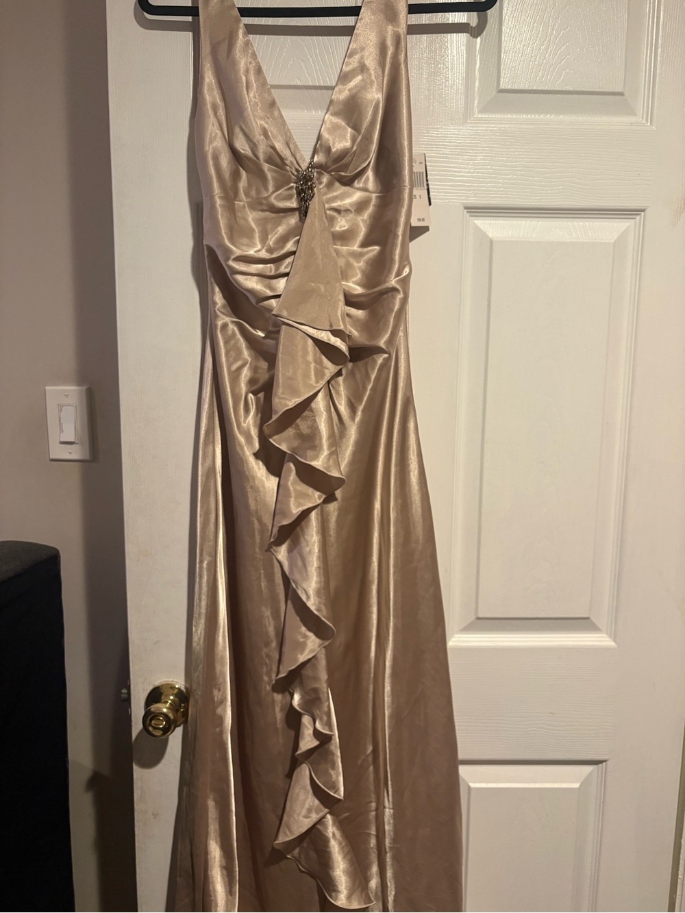 Rampage Gold Champagne Ruffle Satin Maxi Dress
